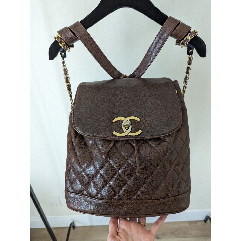 CHANEL Vintage Quilted Brown Caviar Turnlock CC Backpack With Gold Chains